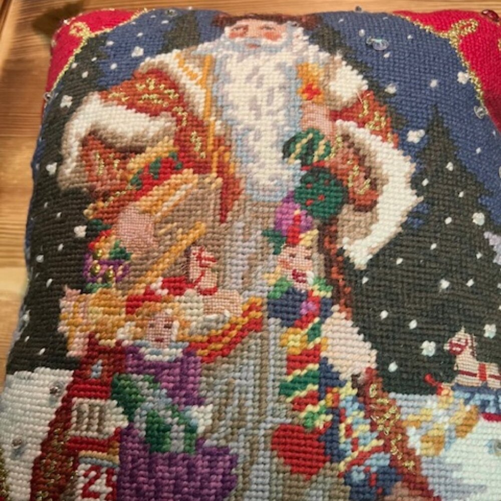 Christopher Radko Vintage Santa Presents Toys Needlepoint Pillow Red with Tassel